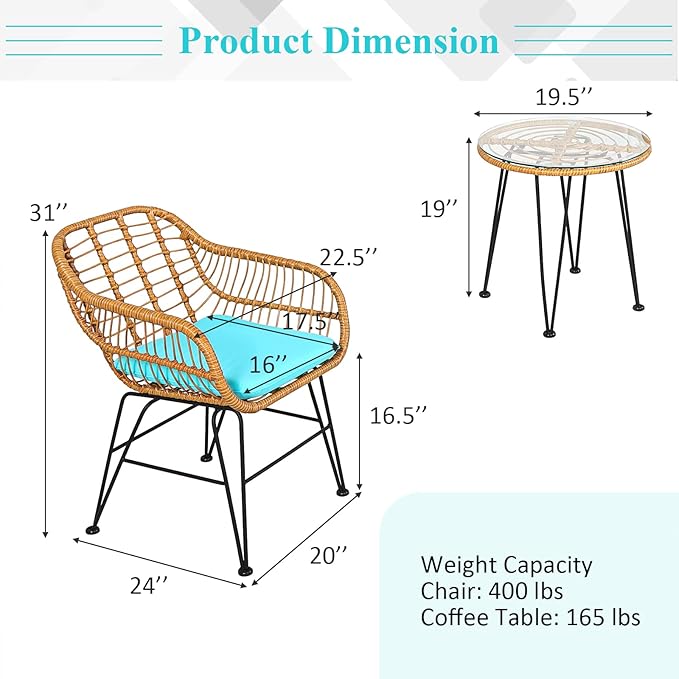 Tangkula 3 Pieces Patio Bistro Set, Rattan Conversation Set - Image 5