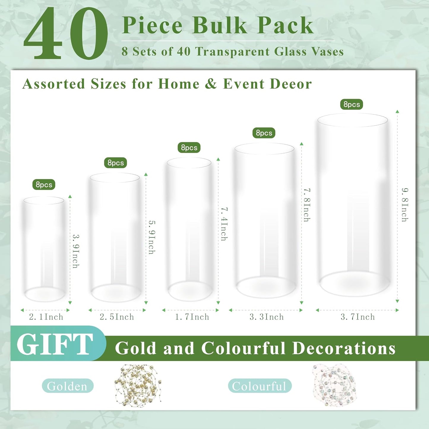 40pcs Glass Vase for Centerpieces, 4,6,7.5,8,10 inch Tall Clear Cylinder Flower Vase Bulk Floating Candle Holder for Wedding Table Home Décor and Party