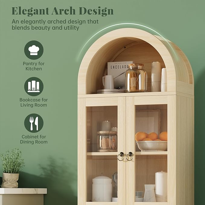 71" Tall Arched Cabinet with Acrylic Door, Modern Curio Arched Bookcase with - Image 3