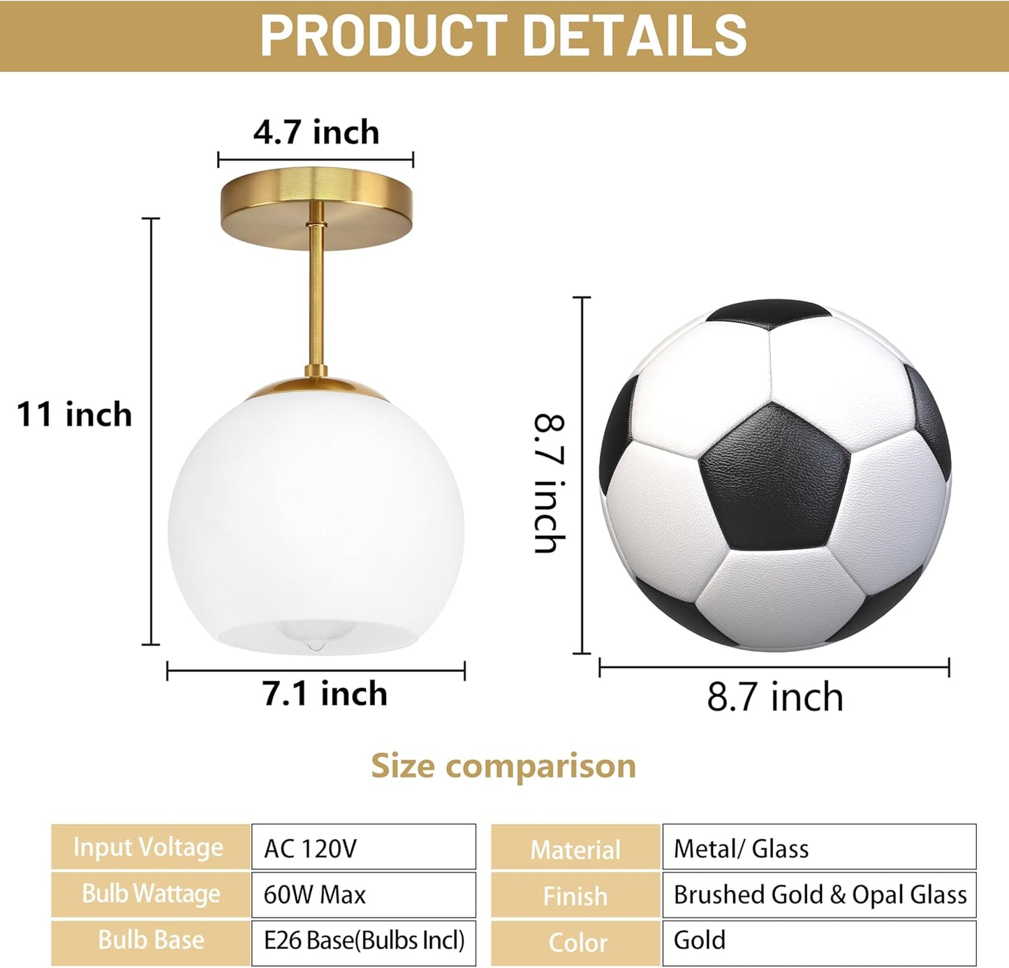 Gold Semi Flush Mount Ceiling Light Fixture Milk Glass Light Fixture Mid Century Flush Mount Ceiling Lights Brass Flush Mount Ceiling Schoolhouse Lights for Dining Room(Bulb Incl.)