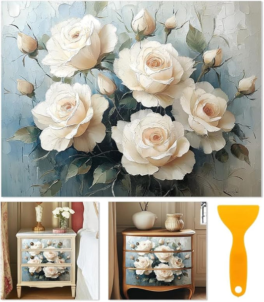 6 Sheets Large White Roses Rub on Transfers by BEUNITONE
