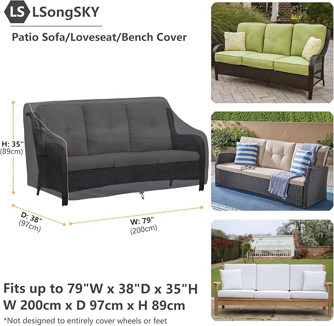Patio 3-Seater Sofa Cover, Outdoor Couch Cover Fits up to 79W x 38D x 35H Inches - Image 3