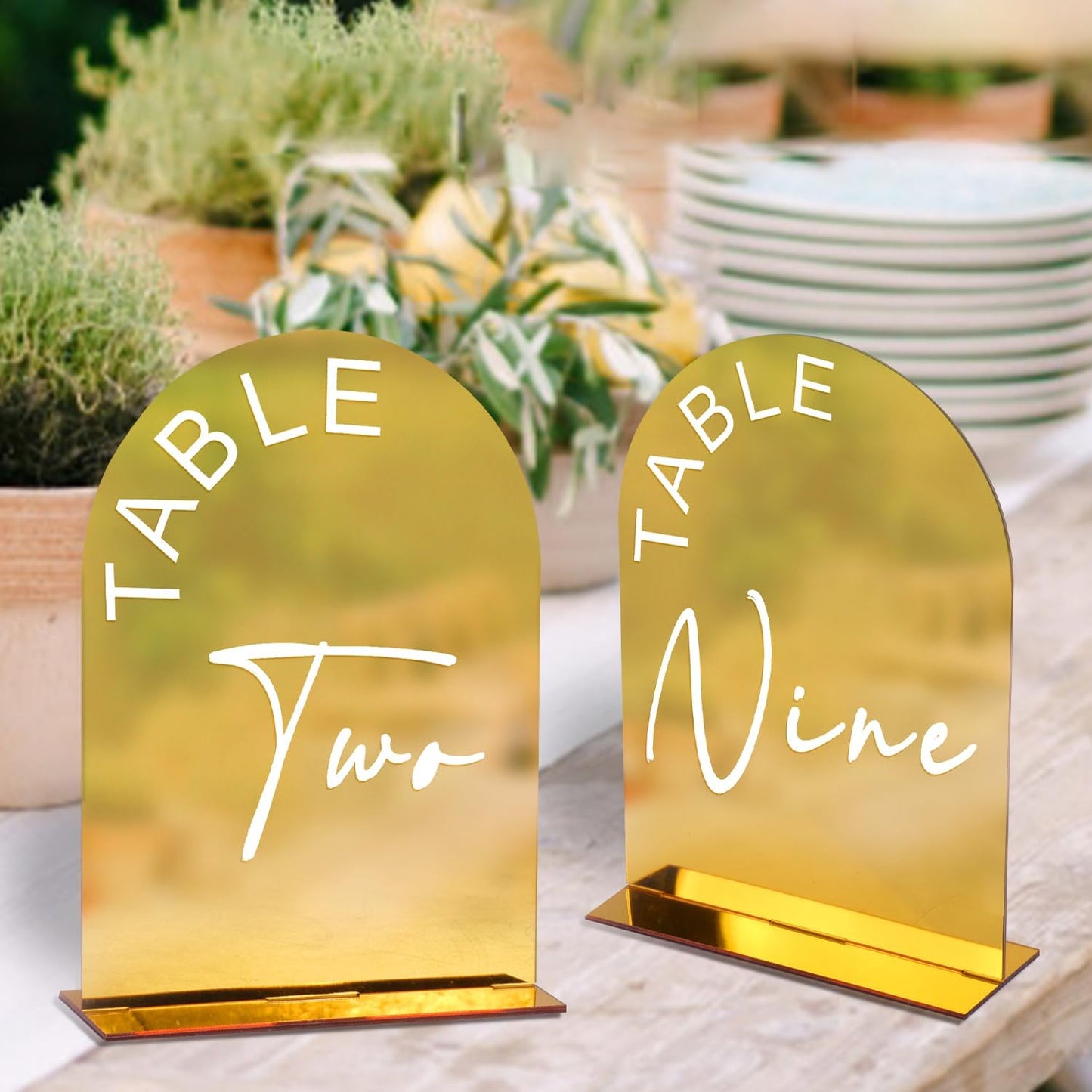 Gold Mirror Arch Wedding Table Numbers 1-30 with Stands, 5x7 Inch Acrylic Arch Sign with Holder for Wedding Reception Table Centerpiece Decoration(Gold Mirror)