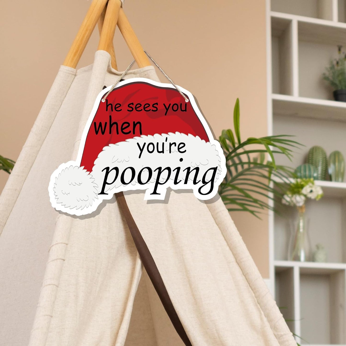 Funny Christmas Wooden Sign, Novelty Humor Xmas Hanging Sign Wall Decor for Guest Bathroom Toilet, Christmas Bathroom Home Door Decor 12 x 6 Inch