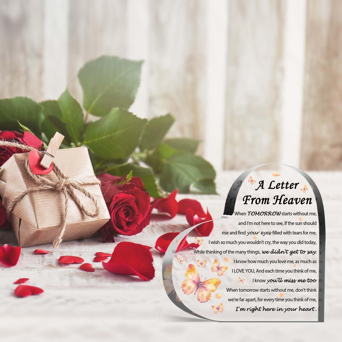 Sympathy Gifts - A Letter from Heaven- Memorial Gift for Loss of Mother Father Husband Son, Acrylic Heart Keepsake,Remembrance Sympathy Gifts 3.9 x 3.9 Inches Present（Butterfly）