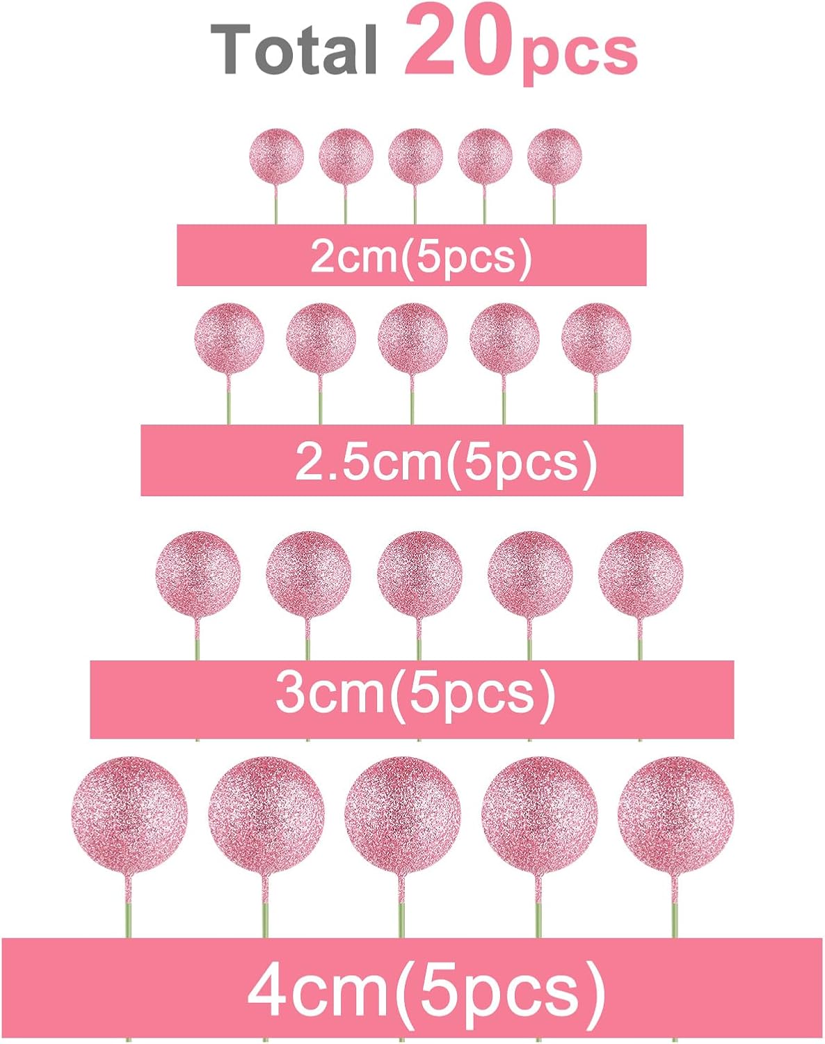 ASTARON 20 Pcs Mini Balloons Cake Topper Sticks Pink Glitter Balls Cake Picks for Wedding & Birthday