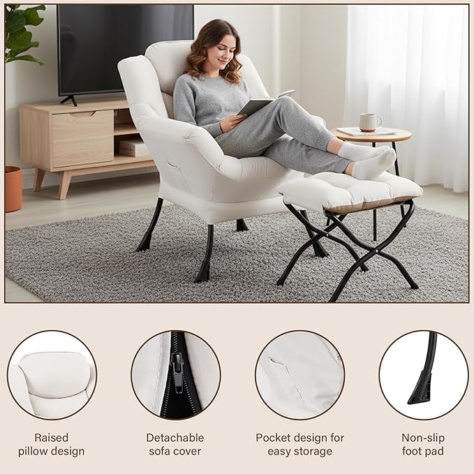 Welnow Lazy Chair with Ottoman, Modern Reading Accent Chair with Armrests and a - Image 6