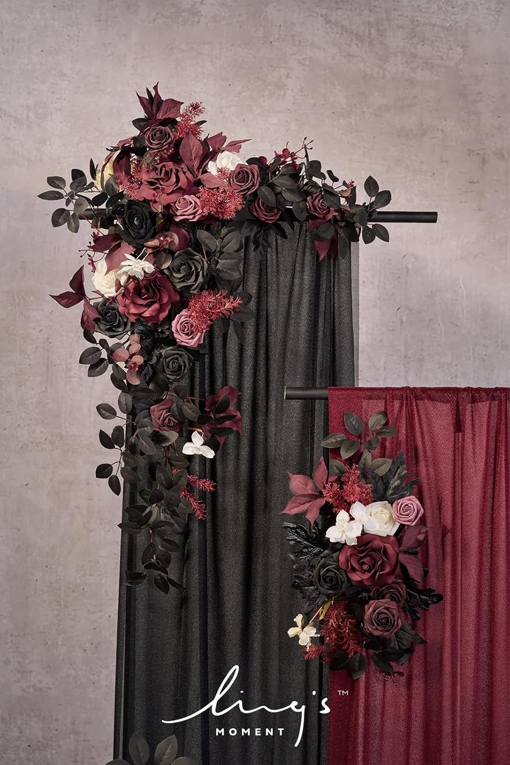 Ling's moment Black Red Artificial Wedding Arch Flowers Kit Pack of 4, 2pcs Hanging Flower Arrangement 2pcs Chiffon Drapes Ceremony Reception Fake Rose Arbor Backdrop Floral Party Outdoor Decorations