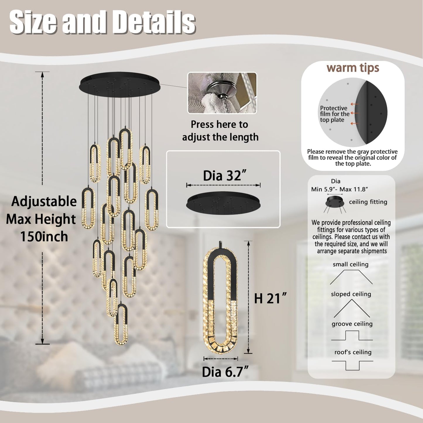 Large Staircase Crystal Chandeliers 16-Light Modern foyers Entrance 150" Long Chandeliers for High Ceilings Dimmable 2700K-6000K