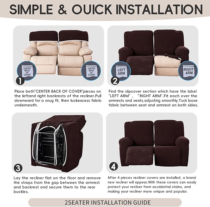 Recliner Loveseat Covers, 4-Piece Stretch Geometric Strokes Jacquard Reclining - Image 8