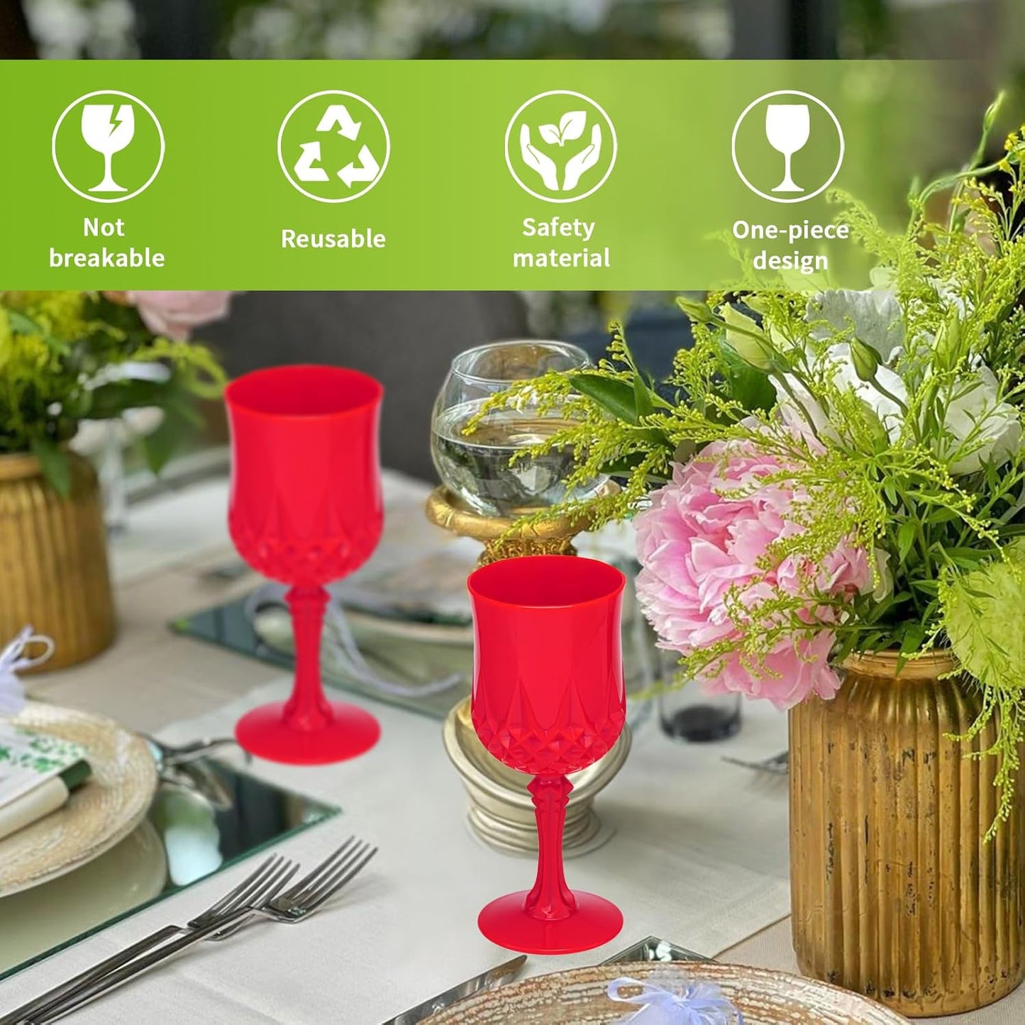 JLYLOL Plastic Vintage Wine Glasses 7OZ Plastic Goblets Vintage Drinking Glasses 24PCS Retro Wedding Glassware Water Goblets Reusable Drinking Cups for Party,Reception,Celebration,Bar,Whiskey(Red)