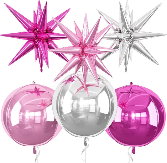 6Pcs Pink Silver Foil Balloons,22Inch Hot Pink Silver 4D Round Ball Balloon and Explosion Star Balloon for Birthday Wedding Baby Shower Anniversary Decorations
