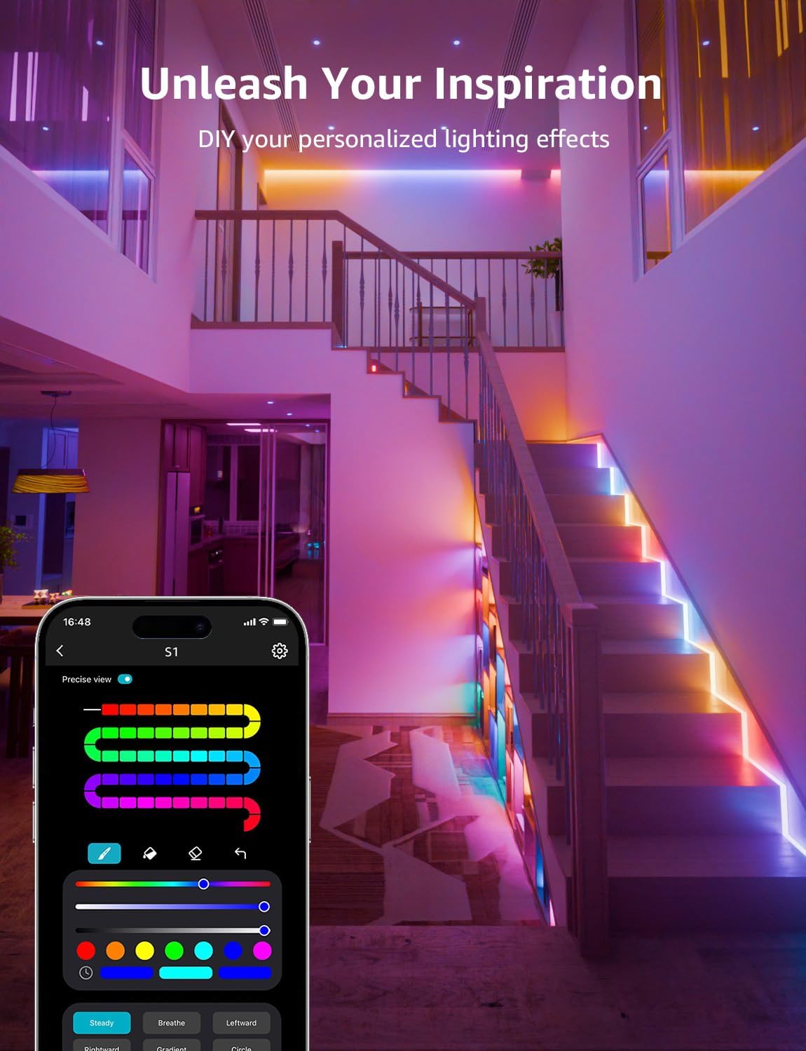 Lepro S1 AI LED Strip Lights for Bedroom - 50ft Smart RGB Light Strips with IC and Rainbow Chasing Effects, Color Segment DIY, AI Generated Lighting, No Remote, 2.4G Wi-Fi & Bluetooth