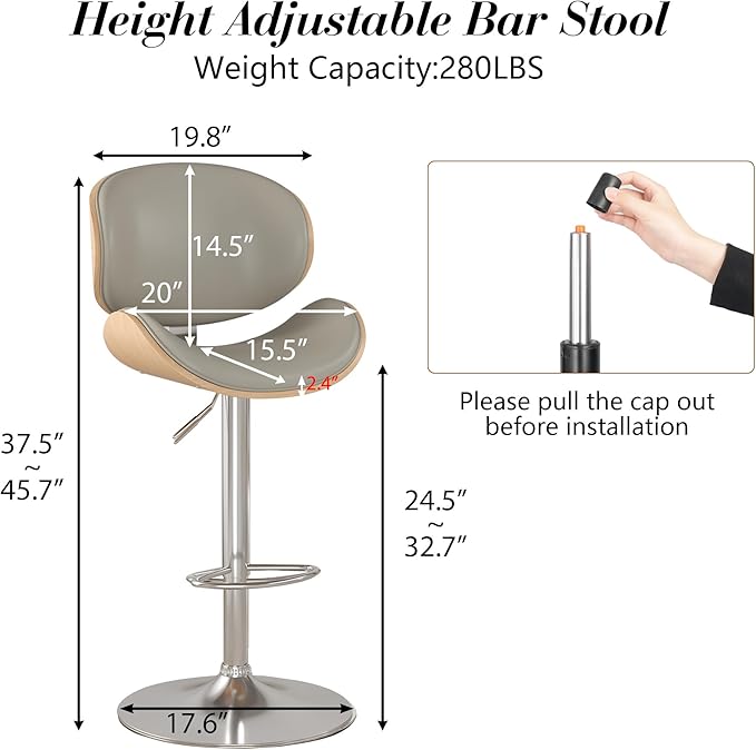 KCC Bar Stools Set of 6, Swivel Adjustable Height Barstools, PU Leather - Image 3