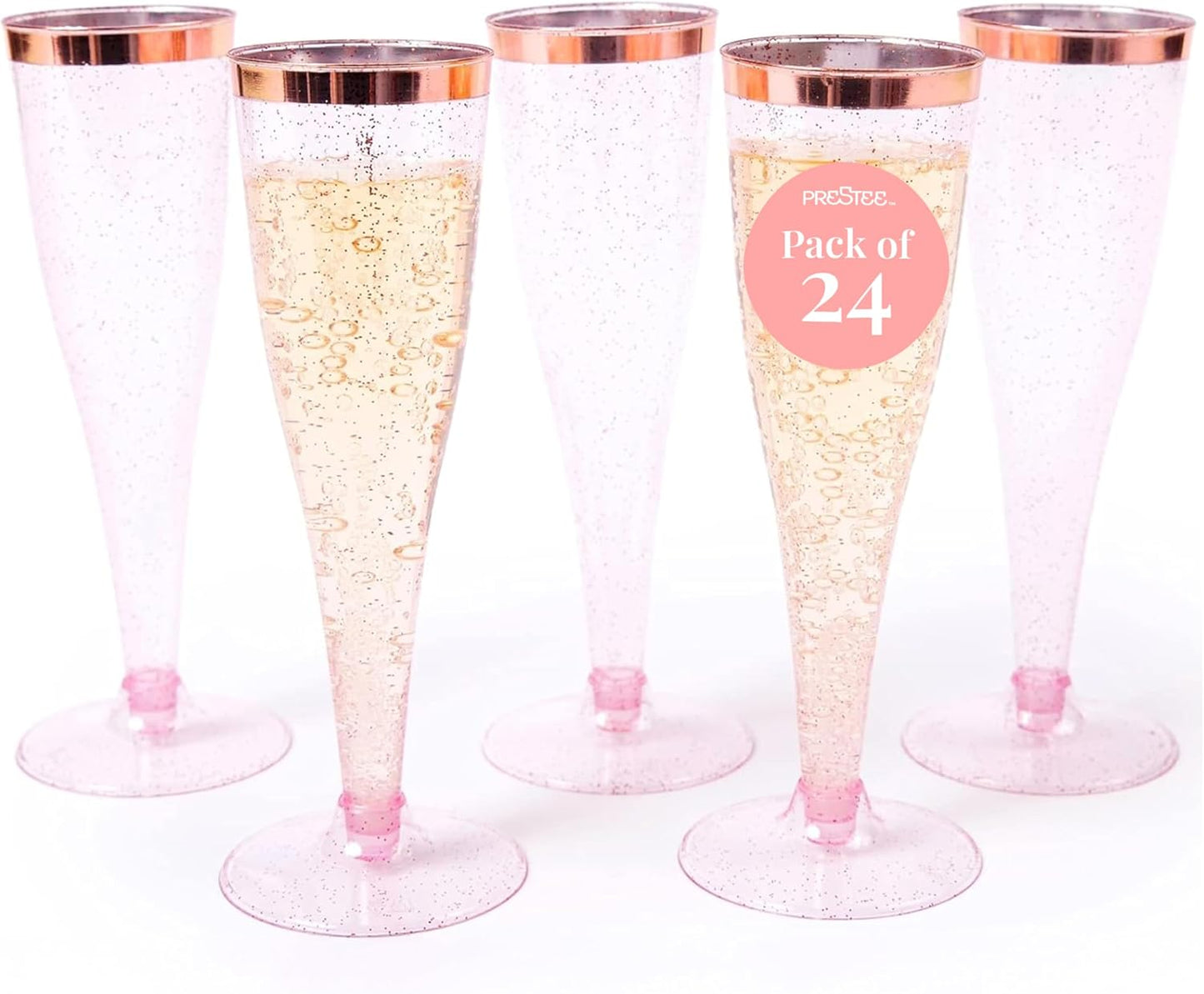 Prestee Set of 24 Plastic Champagne Flutes Disposable - Silver Glitter Pink Champagne Glasses with Rose Gold Rim, Elegant Toasting Cups for Weddings, Cocktail Parties, New Year's Celebrations