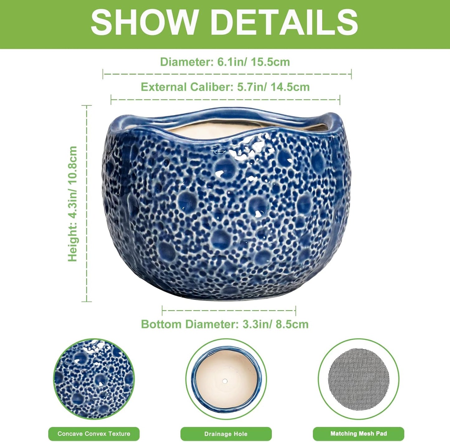 Orchid Pot - 6 Inch Ceramic Plant Pot for Indoor Outdoor, Round Unique Planters with Drainage Hole, Modern Round Decorative Flower Pots, Home Decor, Gifts for Plant Lovers, Blue