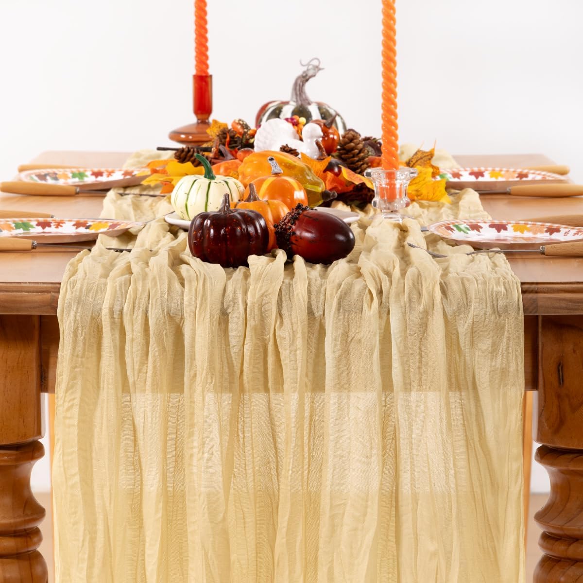Champagne Gold Cheesecloth Table Runner 12 Pack Fall Table Runners Boho Gauze 120 Inches Champagne Cheese Cloth Fall Table Decorations for Thanksgiving Wedding Bridal Baby Shower Parties