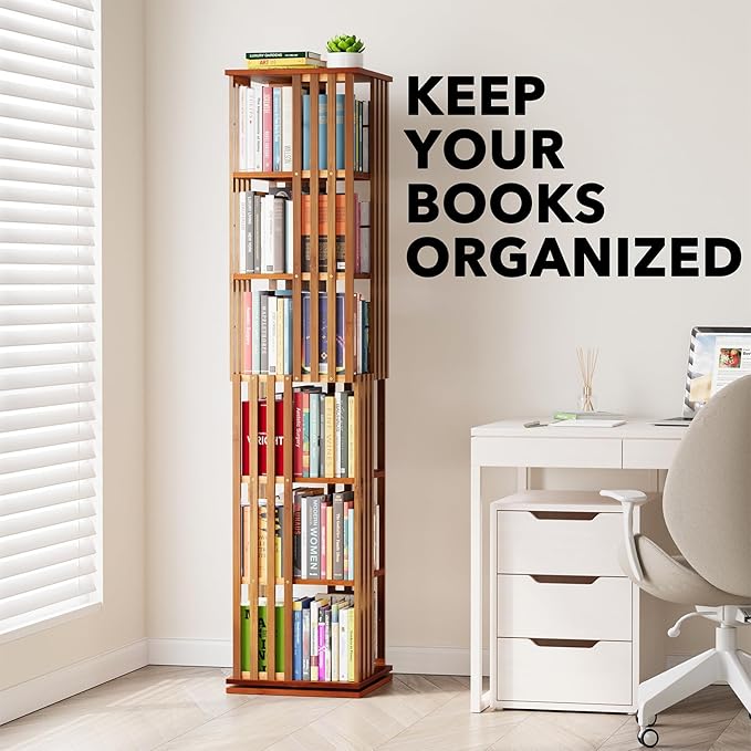 SpaceAid 6 Tier Rotating Bookshelf Tower, Bamboo Spinning Book Shelf, Revolving - Image 6