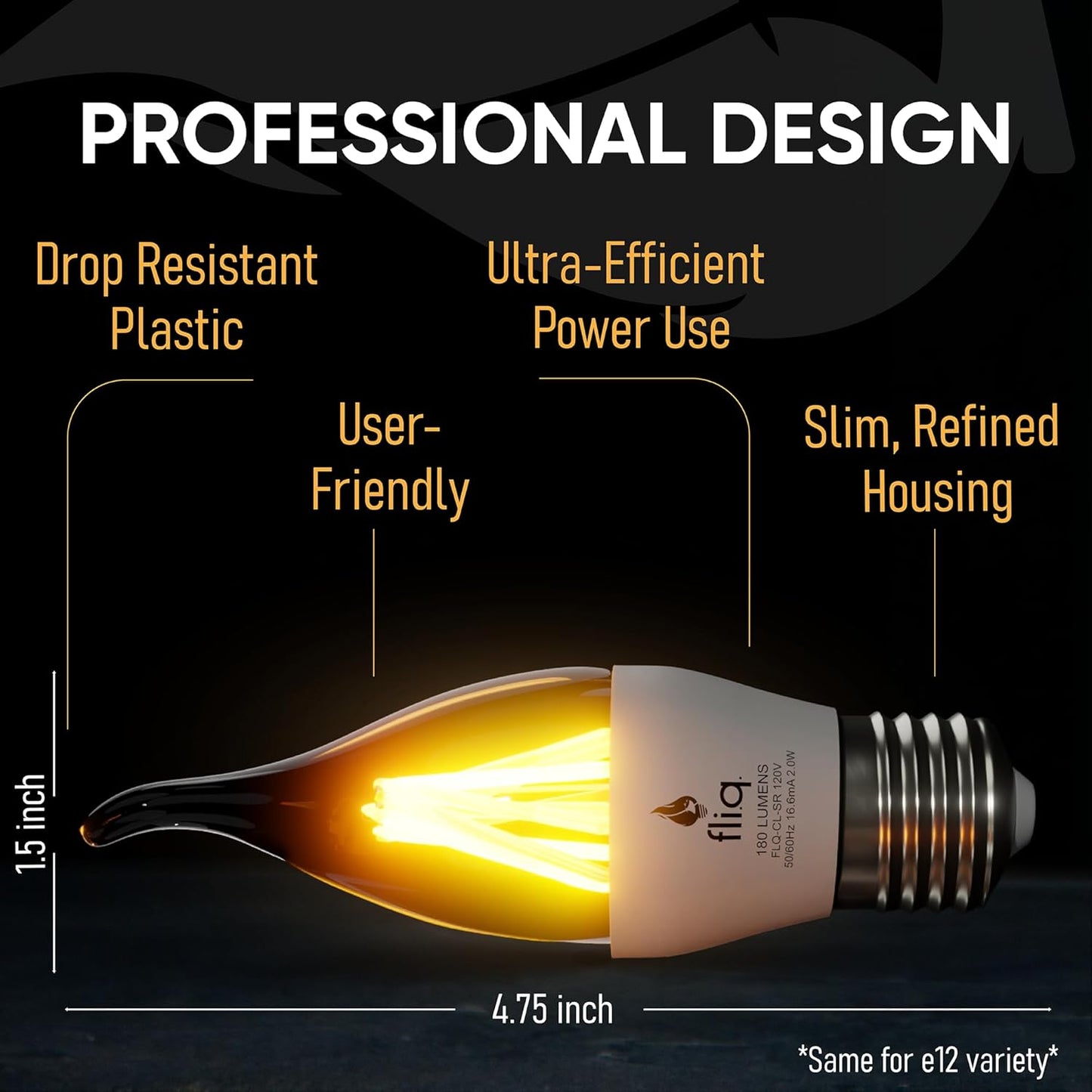 Fliq | LED Flame Light Bulb | 2 Pack | 2W | 4 Modes | Flickering Flame Bulb | 2023 Release | (Standard Clear E26)