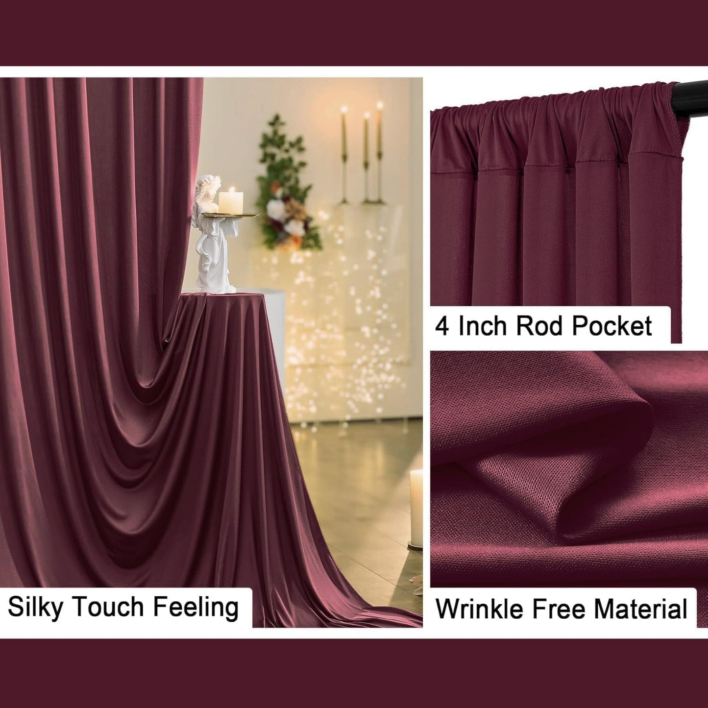 30 ft x 10 ft Wrinkle Free Maroon Backdrop Curtain for Parties, Polyester Burgundy Photo Backdrop Drapes 6 Panels 5x10ft for Baby Shower Wedding Birthday Party Engagement Ceremony Decoration