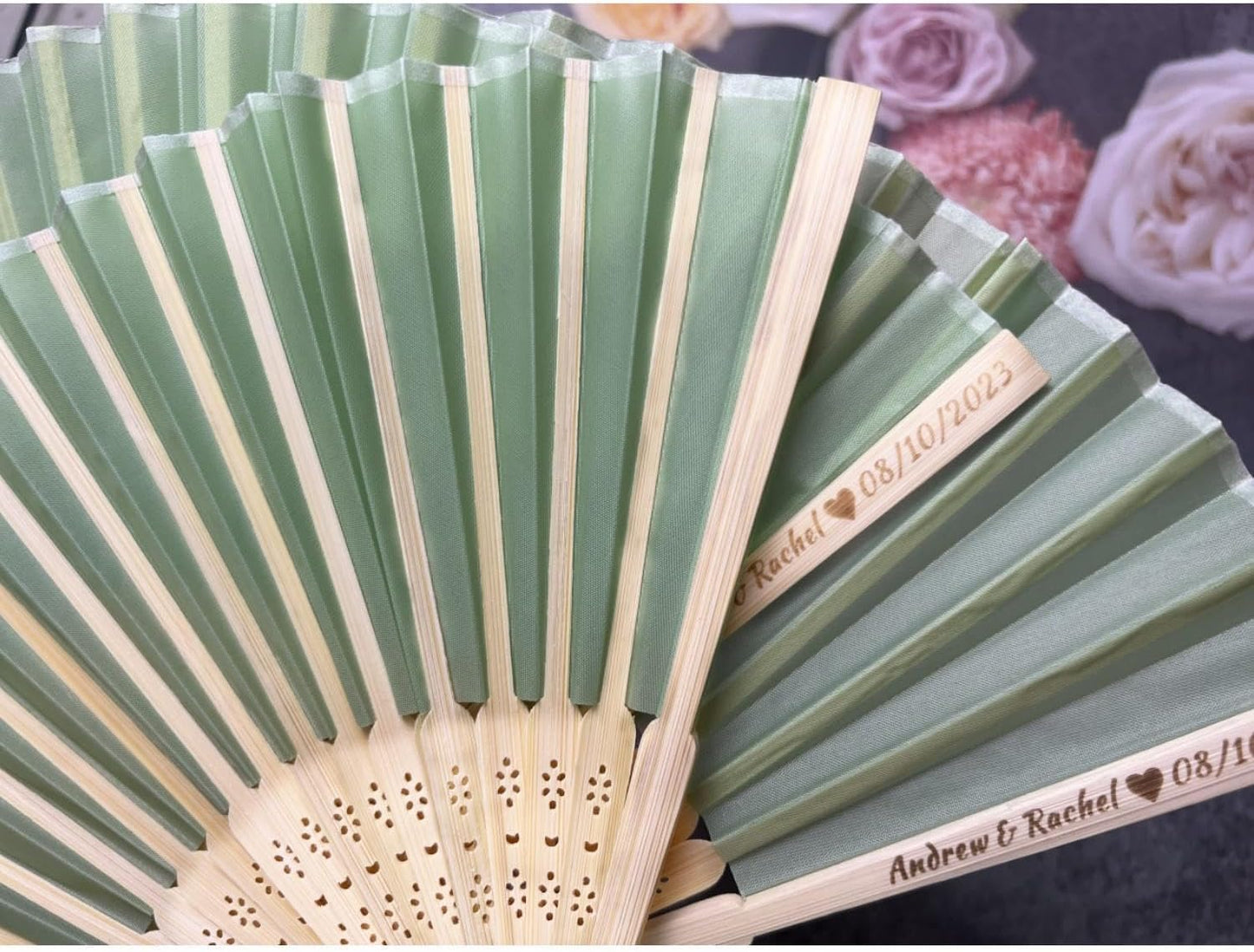 Personalized Wedding Fans Handheld Folding Fans(20Pcs) - Custom Engraved Green Silk Fans for Bridal Shower Favor/Baby Shower Favor, Birthdays Party Gifts/Gifts for Party Guests