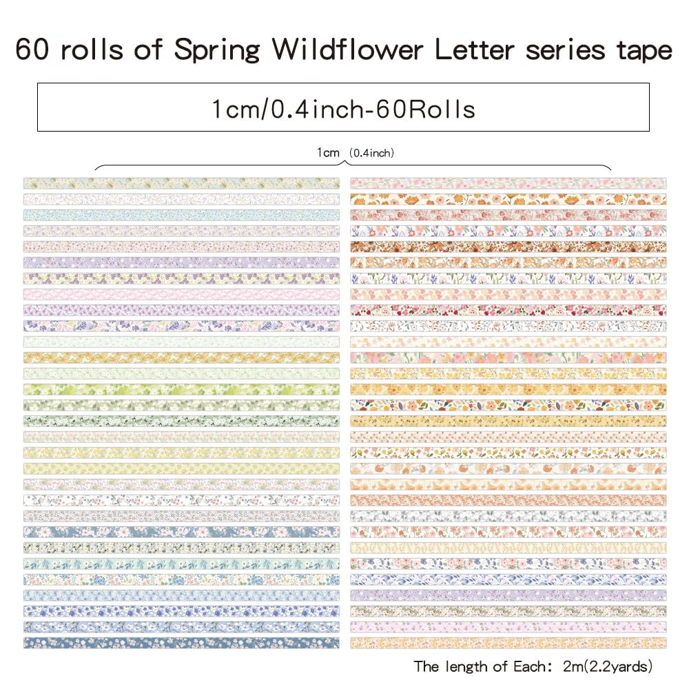 60 Rolls Flowers Theme Washi Tape Set with Different Colorful Patterns, Writable Decorative Tapes for Scrapbooking, Bible Journaling, Bullet Journaling, 0.39'' x 79'' per Roll