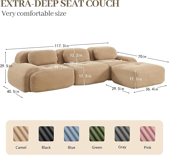 Boneless Sectional Couch, No Assembly Required, 117.3” L Shaped Modular Cloud - Image 3