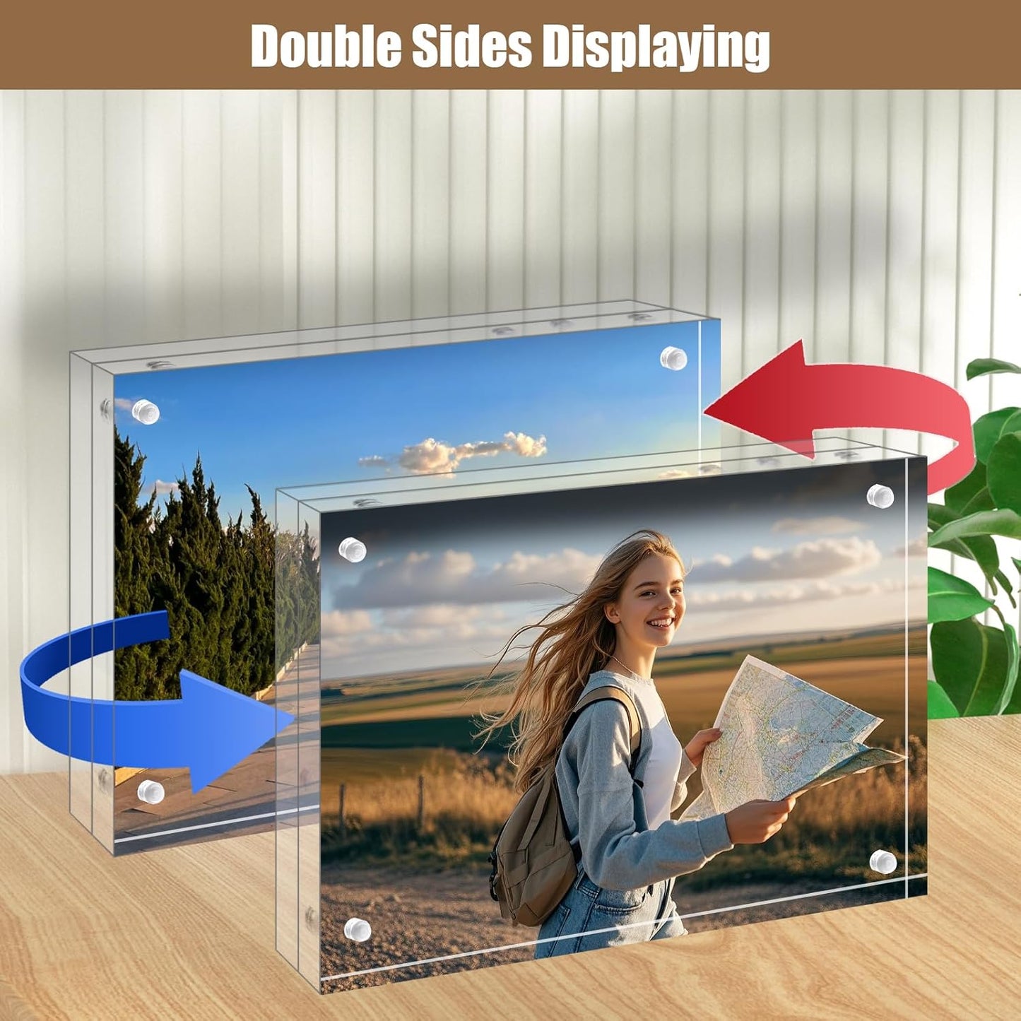 Egofine 3.5x5 Acrylic Frames 2 Pack, 20mm Thicker Frameless Clear Picture Frames, Double Sided Magnetic Picture Frames, Free Standing Desktop Display