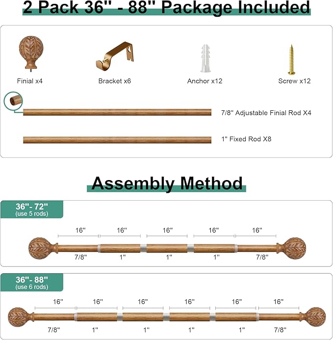 QDWIS 2 Pack Boho Wood Curtain Rods - Image 8
