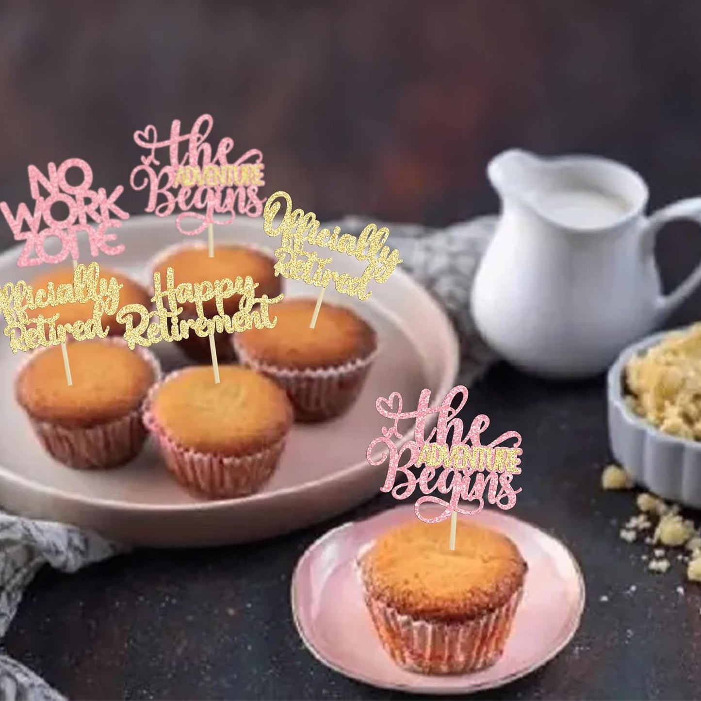 24Pcs Happy Retirement Cupcake Toppers Officially Retired Cake Toppers No Work Zone Adventure Begins Cupcake Picks Retirement Theme Farewell Birthday Party Decorations Supplies PInk Gold