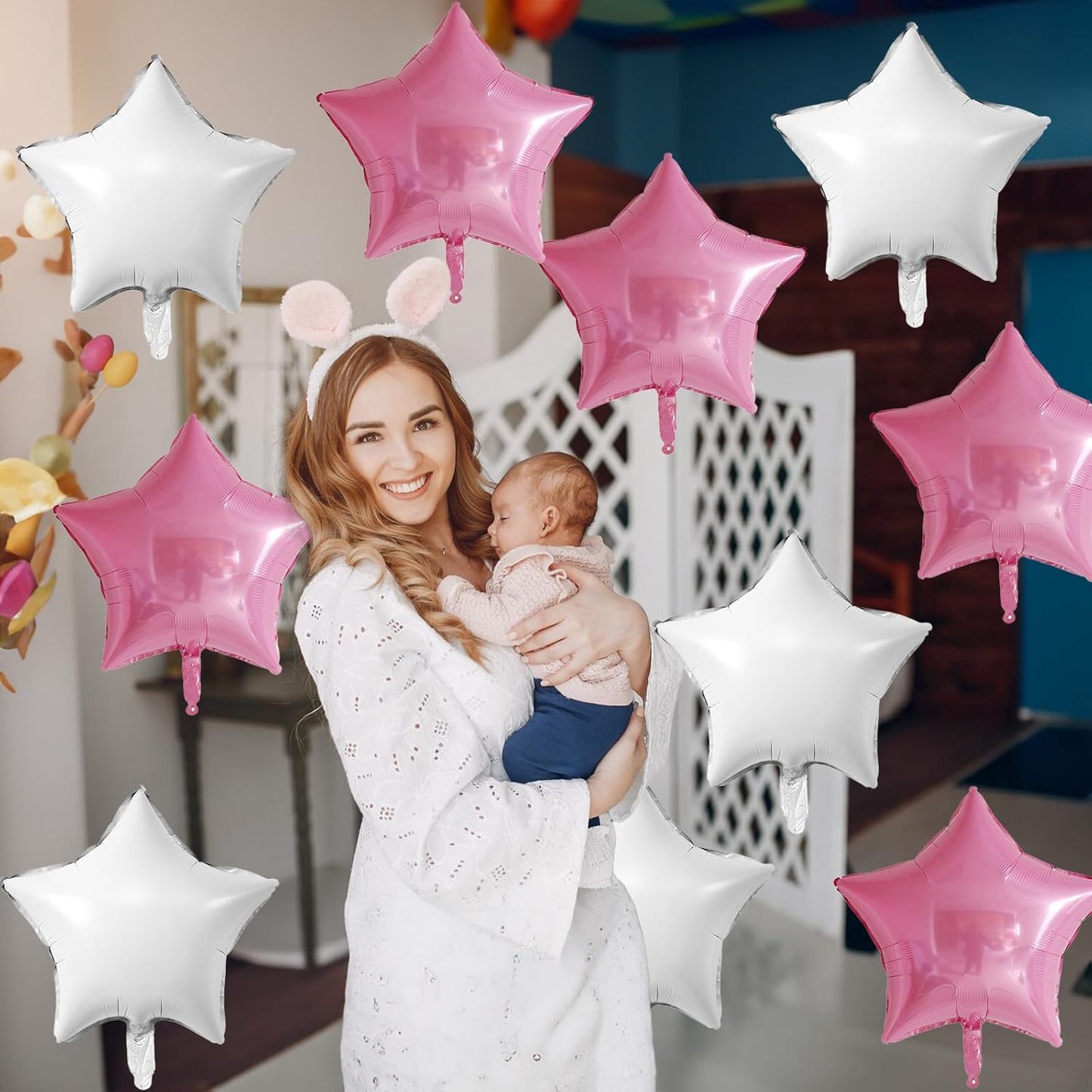 Pink White Star Foil Balloons, 18 Inch Pink White Stars Shape Mylar Balloons 10 Pcs Large Pink and White Pentagram Foil Balloons Party Decoration for Girls Birthday Wedding Bridal Baby Shower