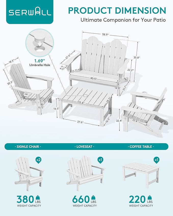 SERWALL 4 Pieces HDPE Patio Adirondack Chair Set, 2 Adirondack Chair - Image 3
