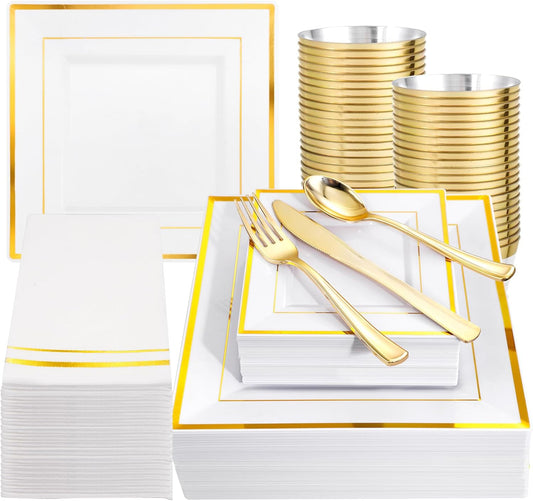 Festiva 350Pcs Gold Plastic Plates - Disposable Square Gold Plates Dinnerware set include 9.5"/6" Plates,Cups,Plastic Cutlery,Hand Napkins Perfect for 50 guests Party&Wedding&Birthday