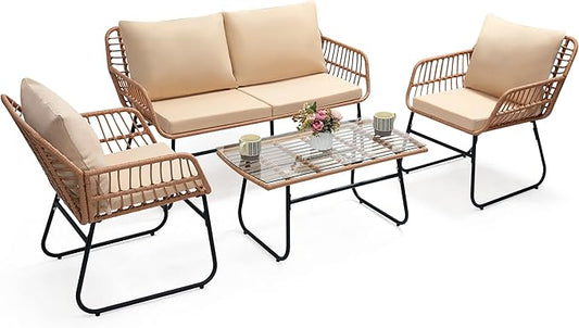 Kromax 4 Piece Patio Bistro Outdoor Furniture Set, Wicker Sofa, 2 Rattan Chairs by KROMAX