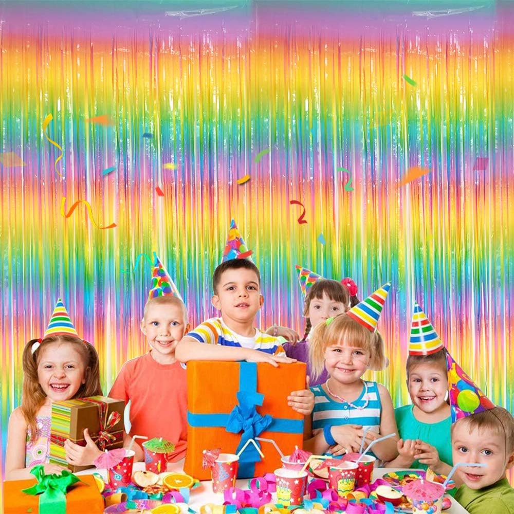 BEISHIDA 2 Pack Light Rainbow Foil Fringe Curtain Assorted Colorful Tinsel Metallic Curtains Photo Backdrop for Birthday Party Wedding Engagement Bridal Shower (3.28 x 6.56 ft)