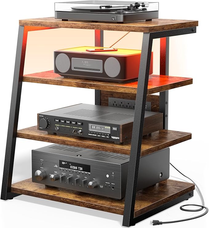 AV Media Stand with Outlets, Stereo Stands and Racks with Vinyl Storage by Besiost
