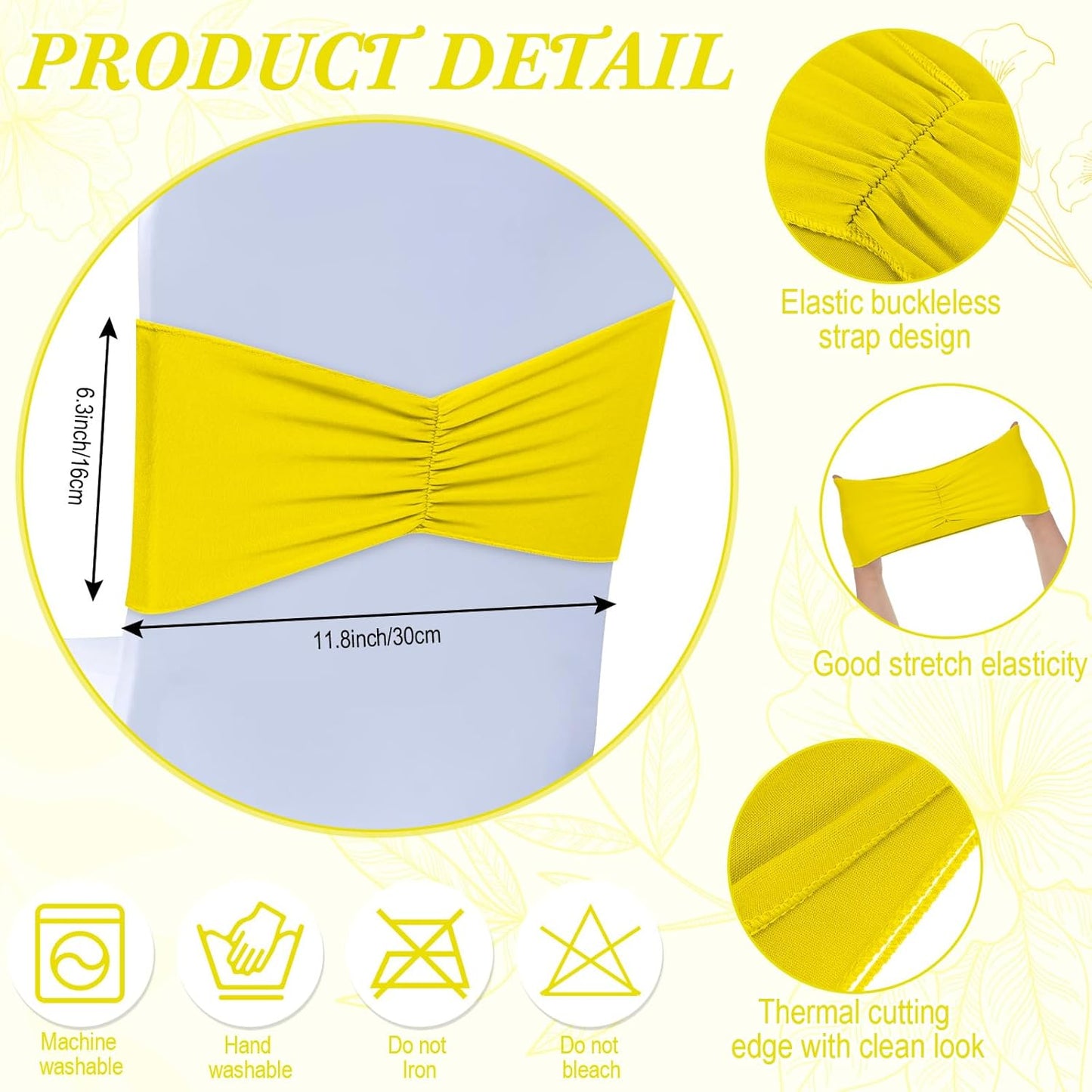 Moukeren 100 Pcs Spandex Chair Sashes Bows Bands Slider Sashes for Chair Covers Elastic Bands Ties Ribbon Decorations for Wedding Party Events Ceremony Birthday Banquet(Yellow)