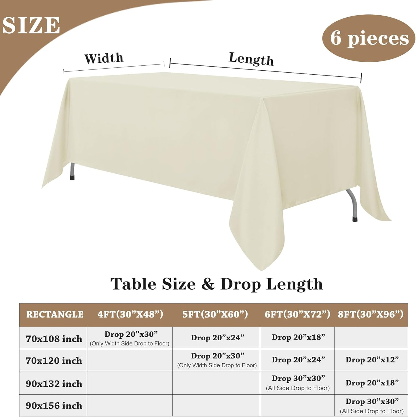 Fitable Ivory Rectangle Table Clothes, 6 Pack - 90 x 156 Inch - Reusable and Washable Tablecloths, Polyester Fabric Table Covers for Wedding, Party, Banquet, Formal Events