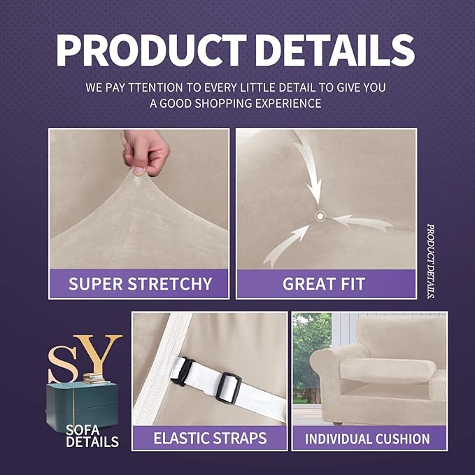 ZNSAYOTX Oversized Velvet Couch Cover 4 Piece Stretch Sofa Covers - Image 4
