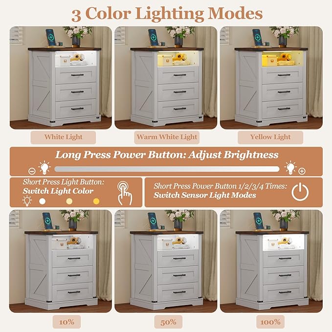 Turosur Night Stand with Charging Station 22" Large Farmhouse Nightstands with - Image 4