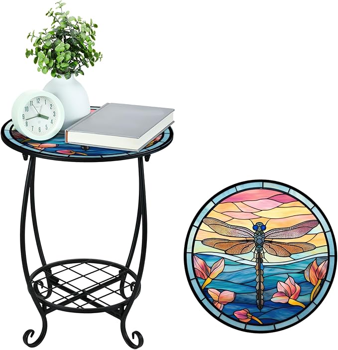 Cinnvoice Outdoor Side Table Round Small Mosaic Patio Accent Indoor End Plant - Image 7