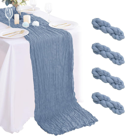 4 Pack Dusty Blue Cheesecloth Table Runner 35x120 Inch Boho Gauze Fabric Cheese Cloth Table Runner 10Ft Rustic Romantic Sheer Table Runners for Wedding Party Bridal Baby Shower Long Table Decoration