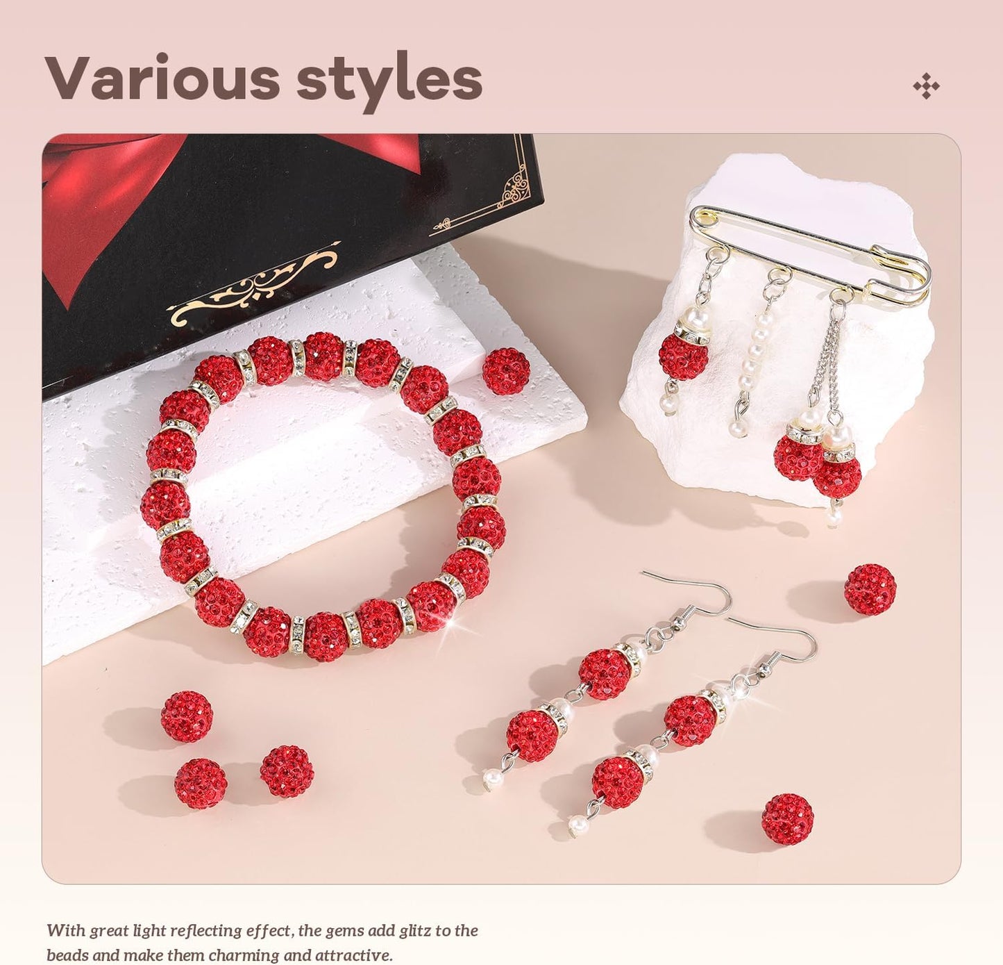 200pcs 10mm Rhinestone Beads for Jewelry Making, Red Shiny Round Disco Ball Beads Bulk, Sparkle Crystal Clay Christmas for Bracelet Baseball Necklace Earring Crafting and DIY