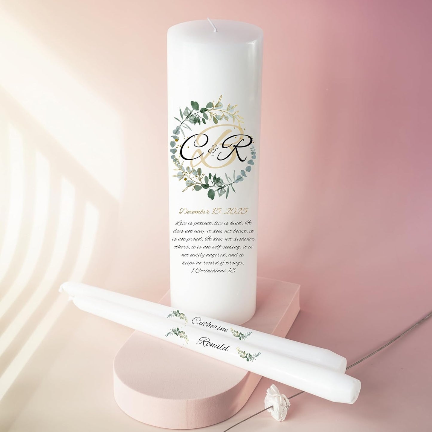 Unity Candles for Wedding, Modern Unity Set, Custom and Personalized Pillar and Taper Candles with Bible Quote, Unscented White Premium Wax, Religious and Wedding Ceremony, Special Events (Zinnia)