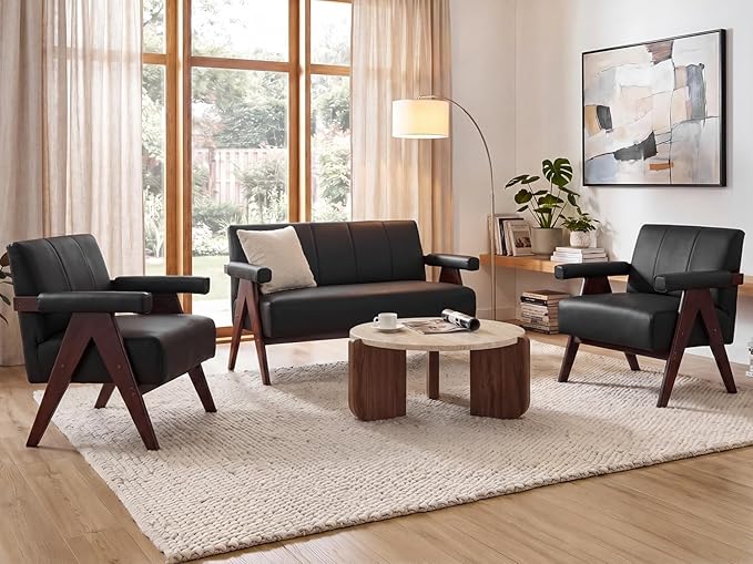 STHOUYN Black Leather Loveseat Sofa and Accent Chairs Set of 2, Mid-Century by STHOUYN