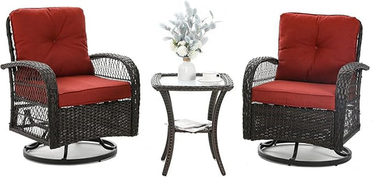 3 Pieces Patio Furniture Set, Outdoor Swivel Glider Rocker, Wicker Patio Bistro by VonzoyHome