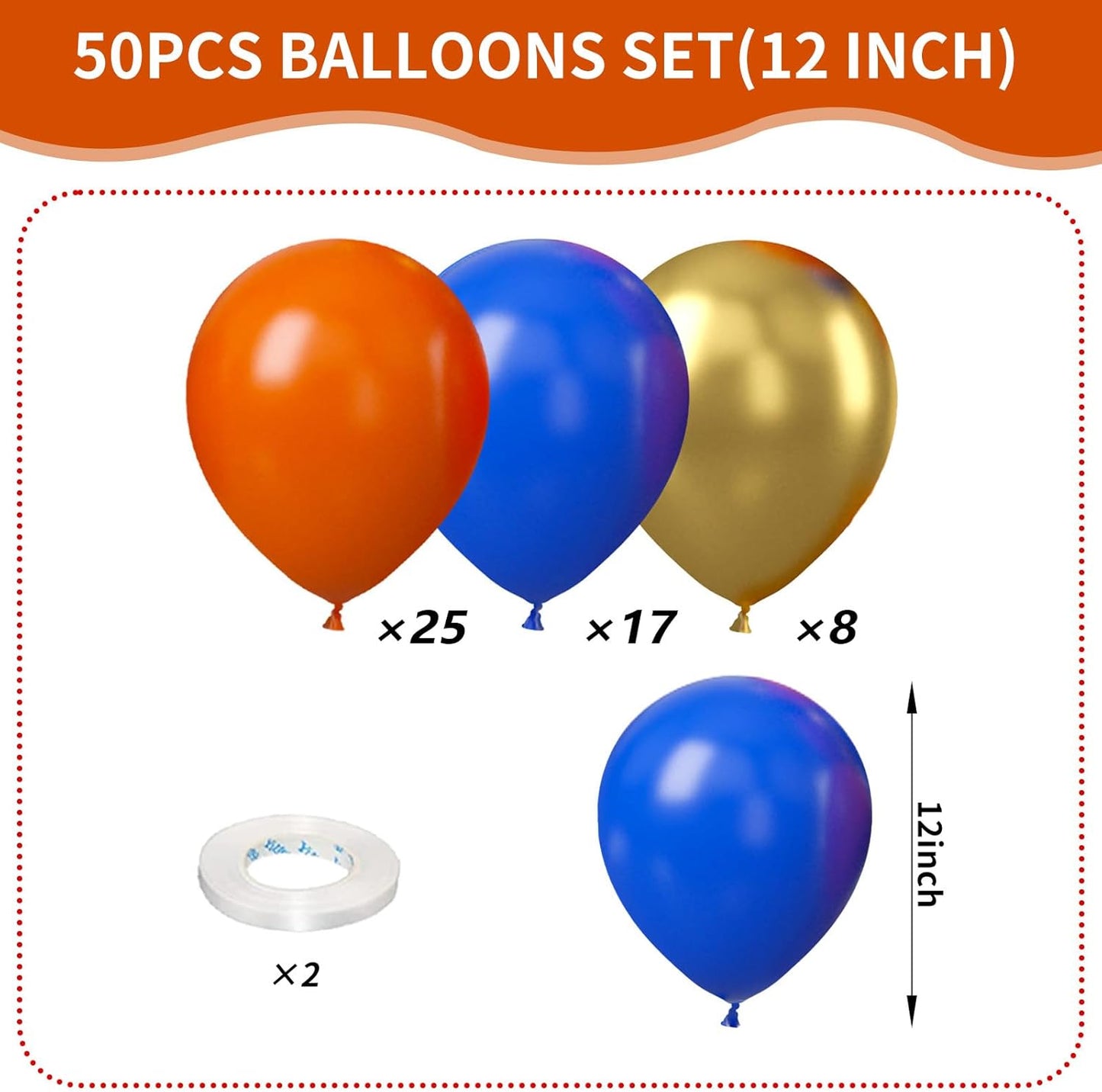 Orange and Blue Balloons, 50Pcs 12 Inches Navy Royal Blue Metallic Gold Balloons for Kids Boys Birthday Party Decorations Baby Shower Graduation Party Supplies