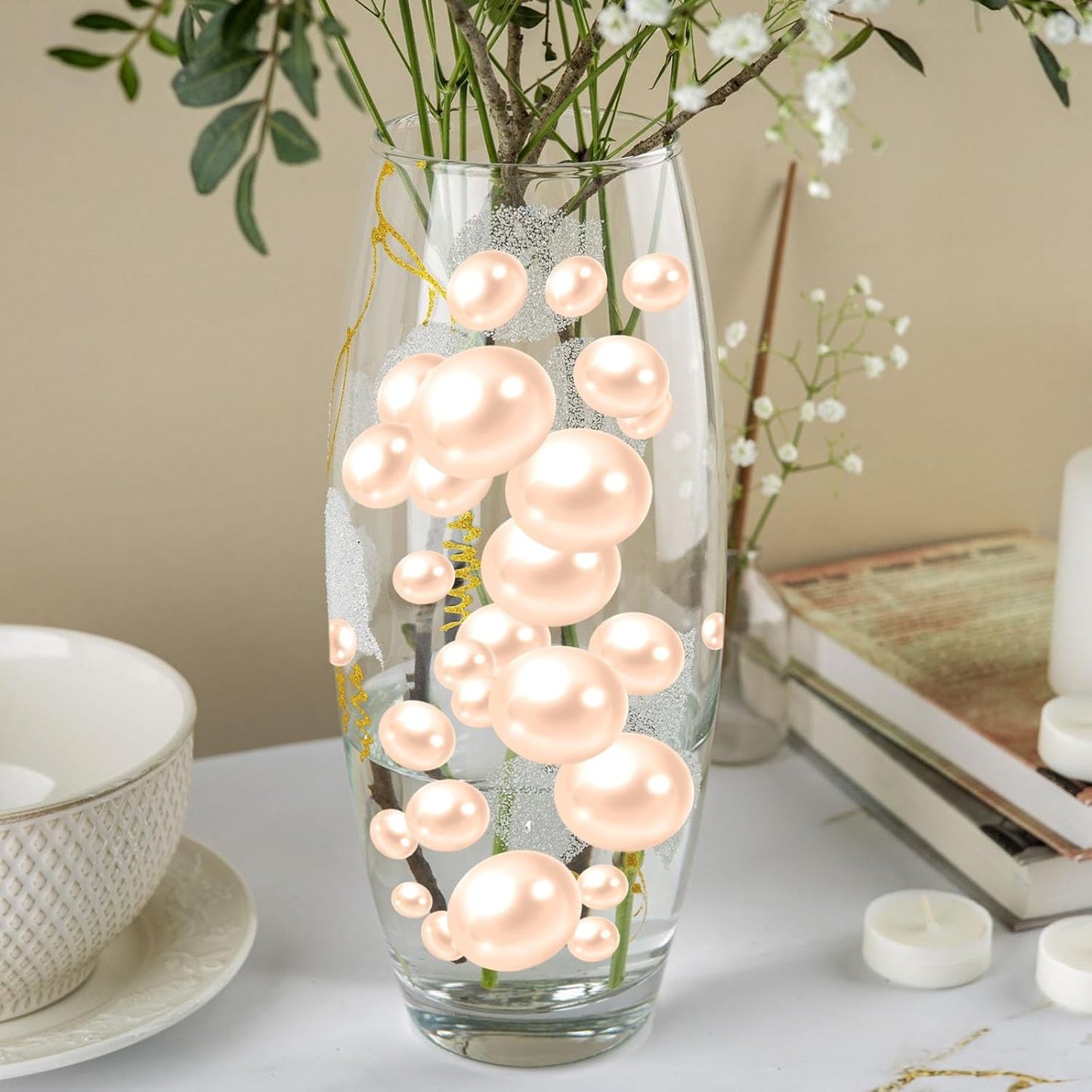 100PCS Light Champagne Faux Pearls Beads for Centerpiece Vases, Vase Filler Faux Pearls, No Holes Filler Beads for Party Anniversary Birthday Wedding Table Decor, 14/20/30mm