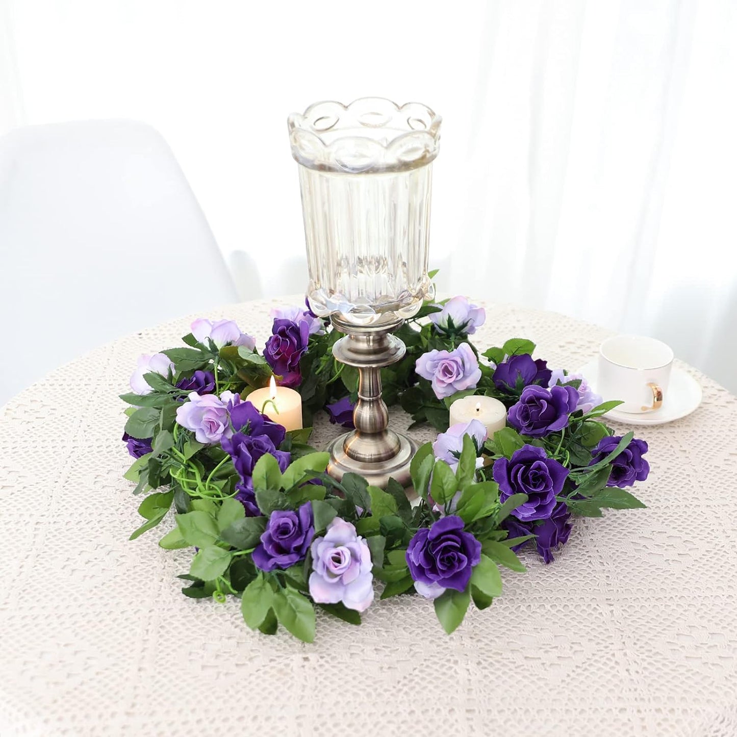 Floweroyal 2 Pack Artificial Flower Garlands 15.8FT Fake Rose Vines Silk Flowers Hanging Rose Ivy for Wedding Arch Party Home Garden Wall Decor (Purple)