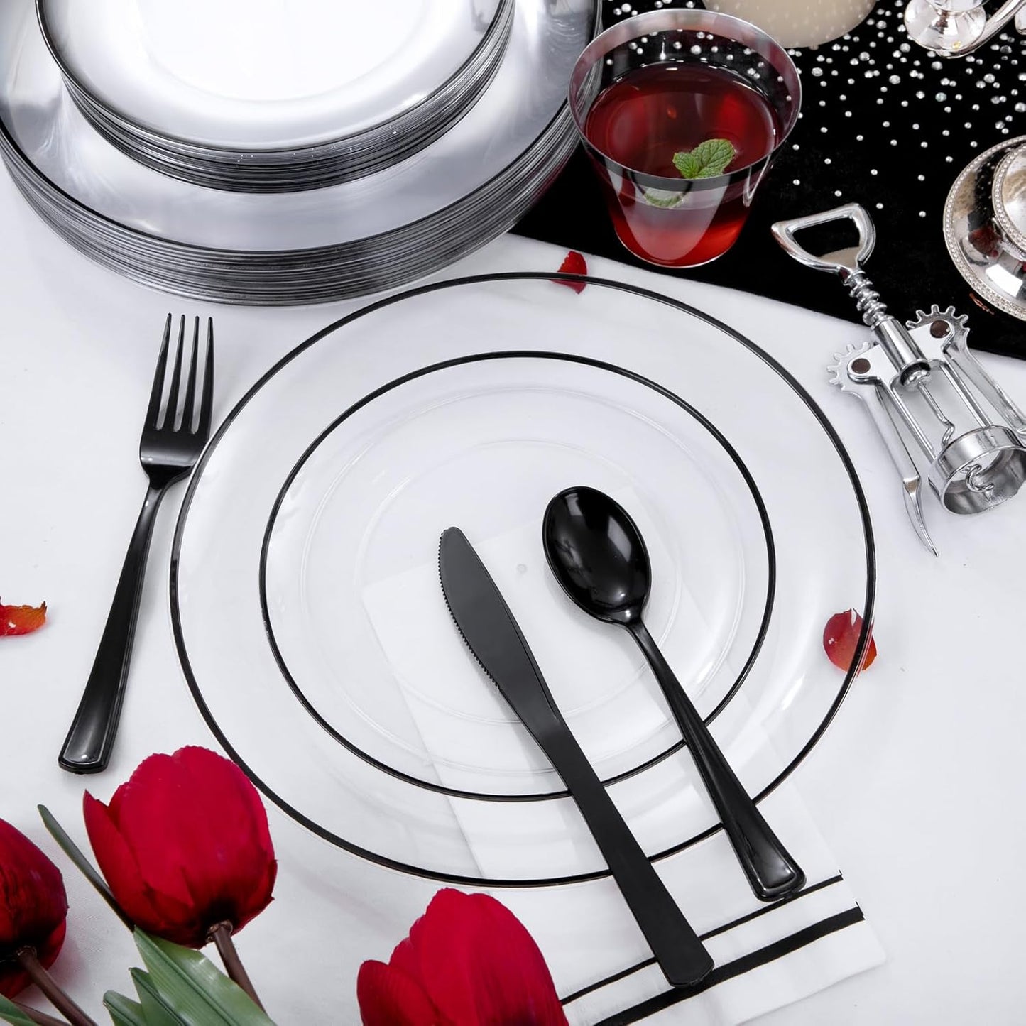 NOCCUR 350PCS Clear and Black Plastic Plates - Disposable Dinnerware Set for 50 Guests Include 100 Dinner/Dessert Plates,150 Black Cutlery,50 Cups&50 Napkins Ideal for Party, Birthday, Halloween